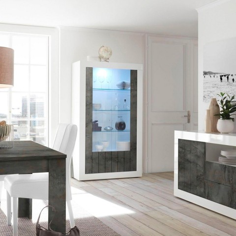 Vitrine design 2 portes 110x191 cm salon blanc brillant noir Dern BX Promotion