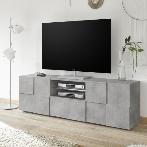 Meuble TV 2 portes et tiroir effet béton design damier Tecum Ct Dama Promotion