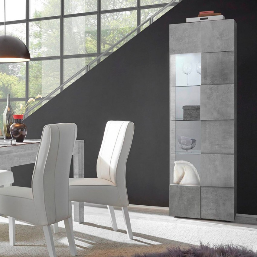 Vitrine de salon moderne effet béton 1 porte en verre Bee Ct Dama Promotion Vitrine de salon moderne effet béton 1 porte en verre Bee Ct Dama Promotion