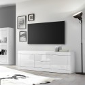 Meuble TV 2 portes 2 tiroirs moderne 210cm blanc brillant Visio Wh Réductions