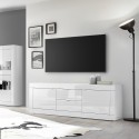 Meuble TV moderne 2 portes 2 tiroirs 210 cm blanc brillante Visio Wh Réductions