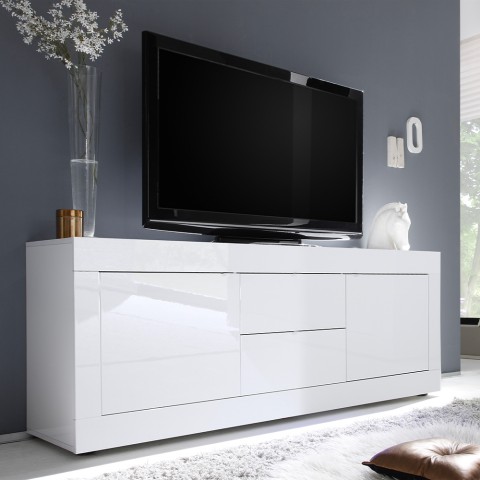Meuble TV moderne 2 portes 2 tiroirs 210 cm blanc brillante Visio Wh Promotion