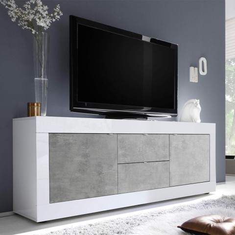 Meuble TV 210cm 2 portes 2 tiroirs blanc brillant béton Visio BC Promotion