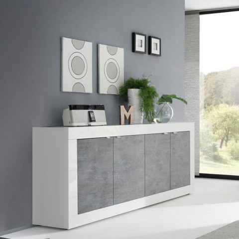 Buffet de salon moderne 4 portes blanc brillant béton 207cm Altea BC Promotion
