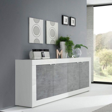 Buffet de salon moderne 4 portes blanc brillant ciment 207cm Altea BC Promotion