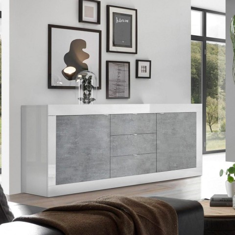 Buffet 2 portes 3 tiroirs blanc brillant béton 210cm Tribus BC Basic Promotion