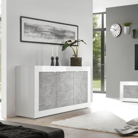 Buffet séjour moderne 3 portes blanc brillant béton Modis BC Basic Promotion