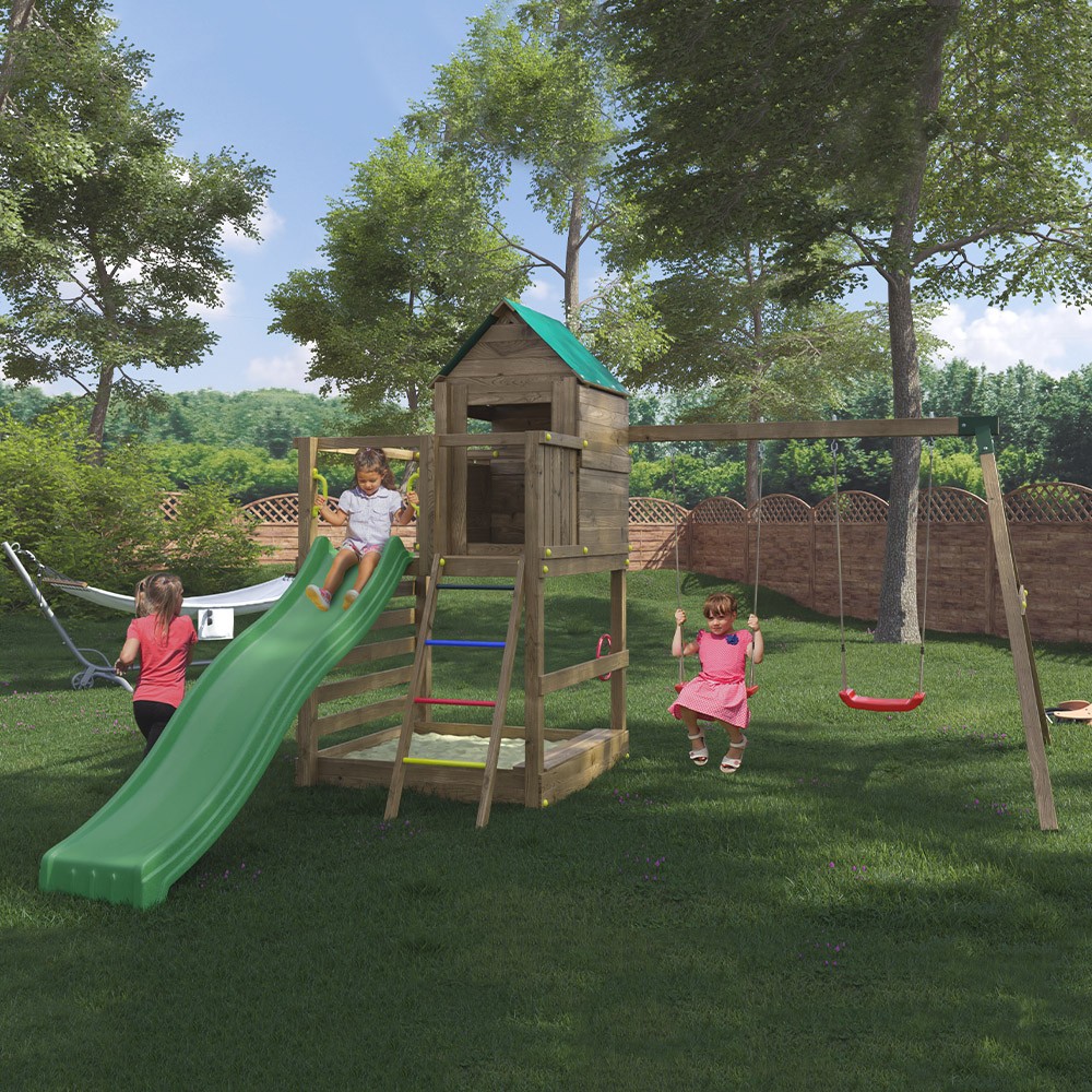 Aire de jeux pour enfants jardin maisonnette toboggan balançoires bac à sable Jarcas4