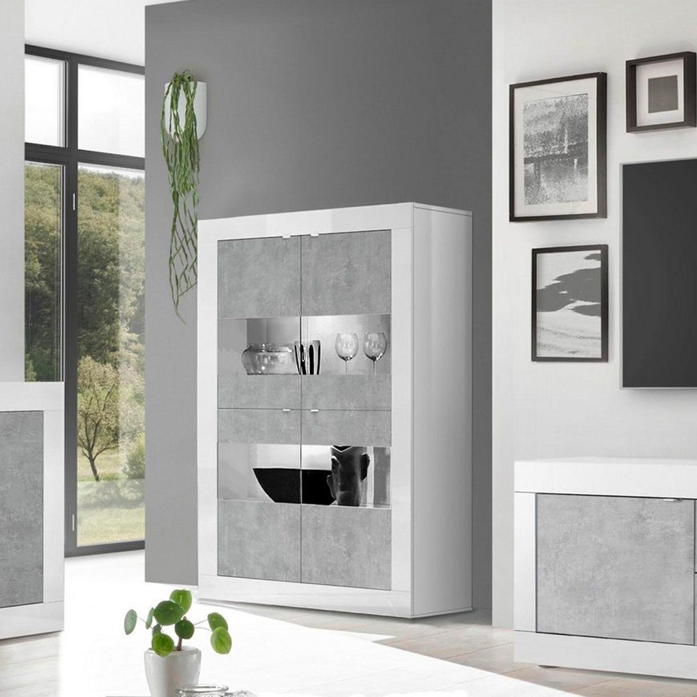 Vitrine séjour moderne 4 portes blanc brillant ciment Tina BC Basic