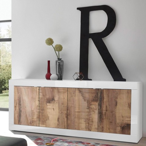 Buffet de séjour 4 portes 207 cm blanc brillant et bois Altea BW Promotion