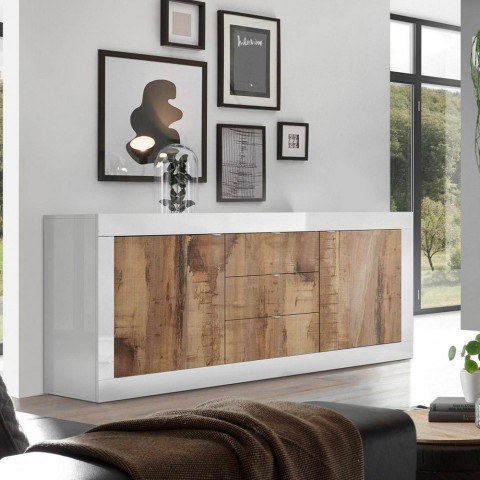 Buffet de salon 2 portes 3 tiroirs blanc brillant et bois Tribus BW Basic Promotion