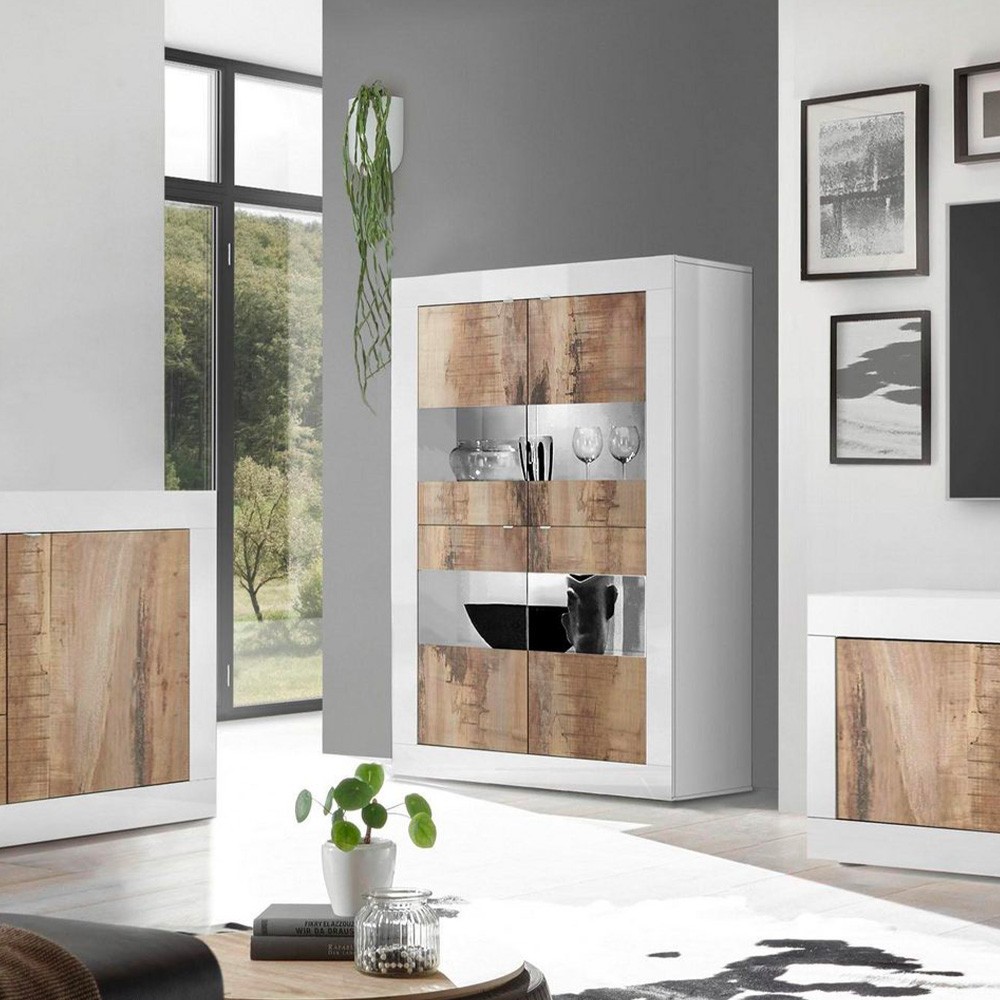 Vitrine de séjour blanc brillant 4 portes en verre et bois Tina BW Basic