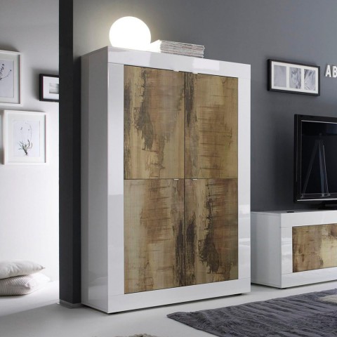 Buffet 4 portes séjour blanc brillant et bois Novia BW Basic Promotion