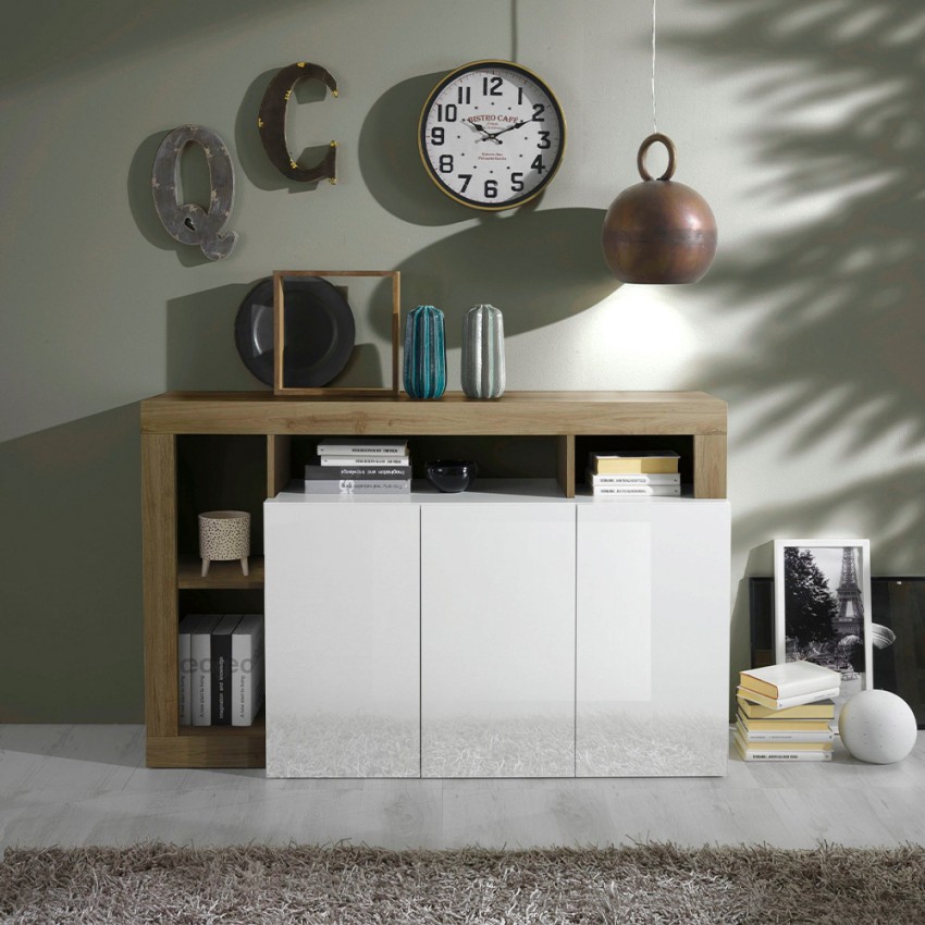 Buffet moderne 3 portes blanc laqué chêne 146 cm Hailey BR Promotion Buffet moderne 3 portes blanc laqué chêne 146 cm Hailey BR Promotion