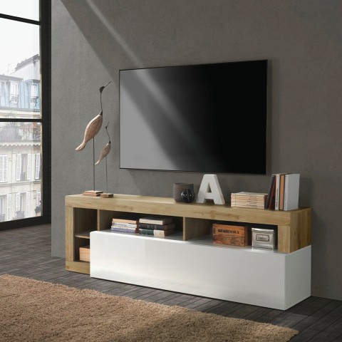 Meuble TV moderne pour salon 184cm blanc brillant chêne Dorian BR Promotion