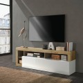Meuble TV moderne pour salon 184cm blanc brillant chêne Dorian BR Promotion
