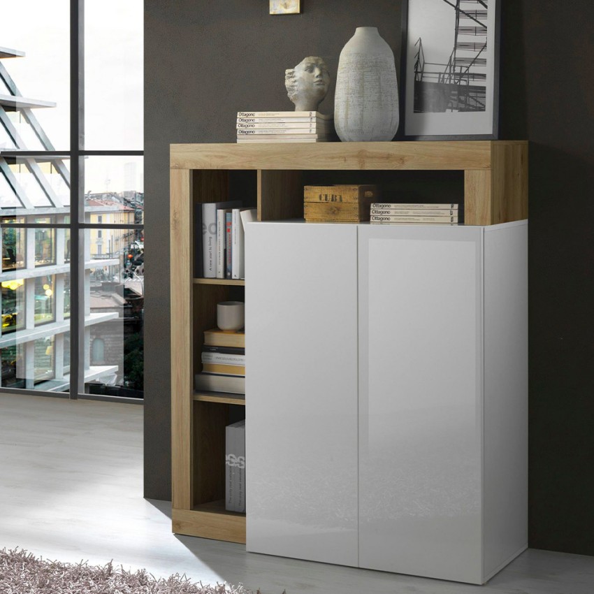 Buffet moderne 2 portes 3 compartiments blanc laqué chêne Blume BR Promotion