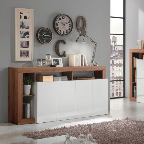Buffet de cuisine moderne 4 portes 184 cm blanc brillant bois Cadiz MR Promotion