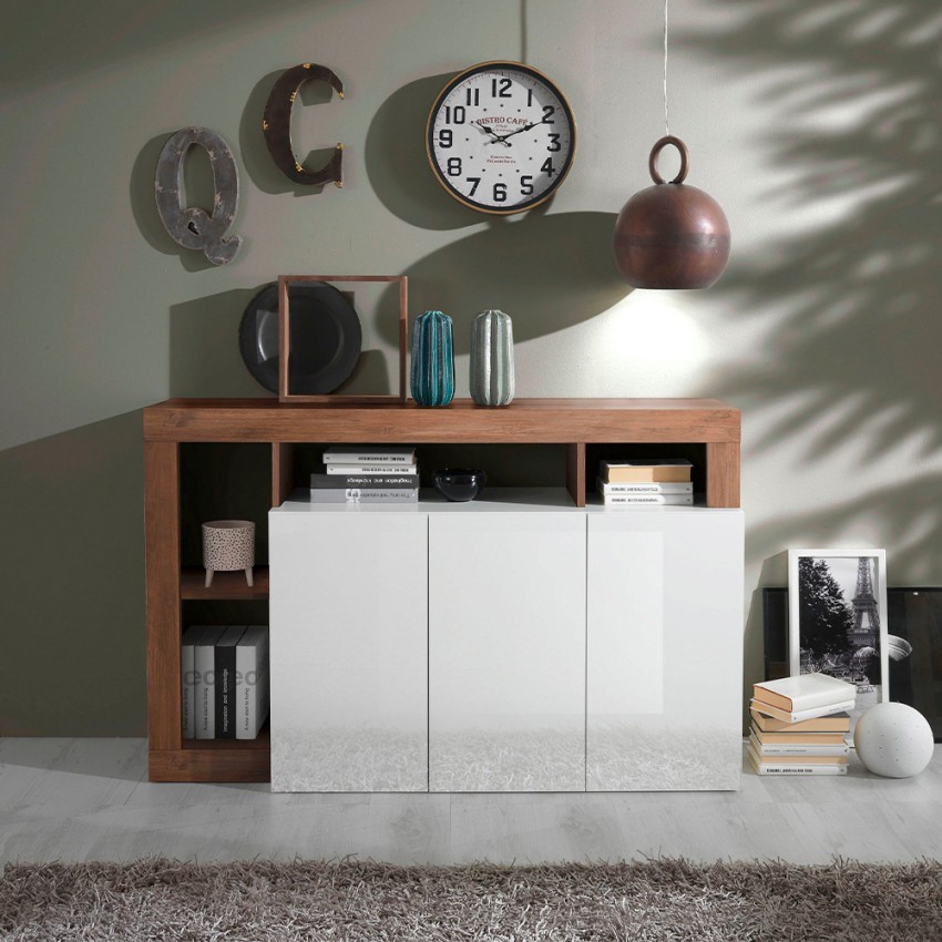 Buffet en bois 146 cm 3 portes blanc brillant Hailey MR Promotion Buffet en bois 146 cm 3 portes blanc brillant Hailey MR Promotion