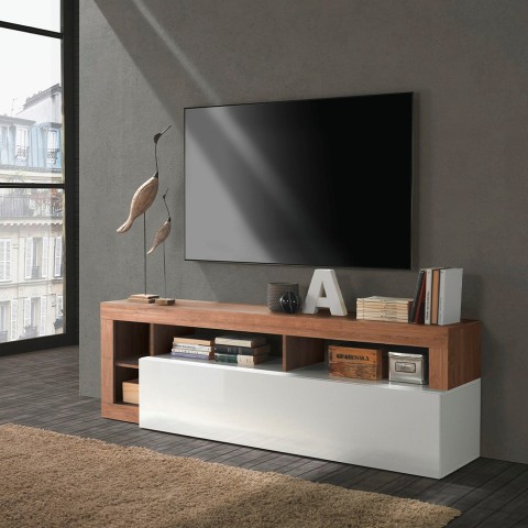 Meuble TV mobile moderne en bois avec porte laqué blanc Dorian MR Promotion
