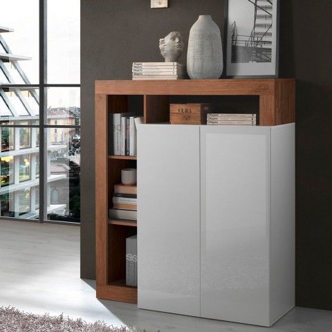 Buffet haut cuisine 2 portes blanc brillant bois noyer Blume MR Promotion