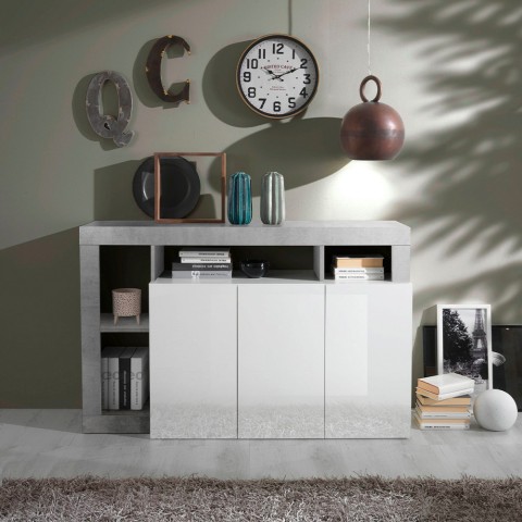 Buffet bas séjour 3 portes blanc laqué 146 cm béton Hailey BC Promotion