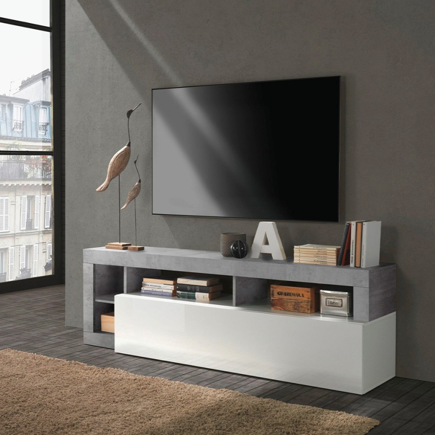 Meuble TV mobile blanc laqué et gris ciment 184 cm Dorian BC Promotion Meuble TV mobile blanc laqué et gris ciment 184 cm Dorian BC Promotion