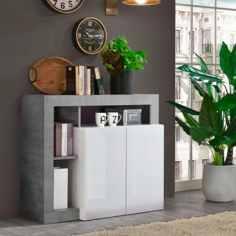 Buffet de rangement gris ciment 2 portes blanc brillant Reva BC Promotion