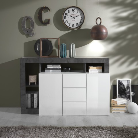Buffet moderne noir 2 portes 3 tiroirs blanc brillant Lavine BX Promotion
