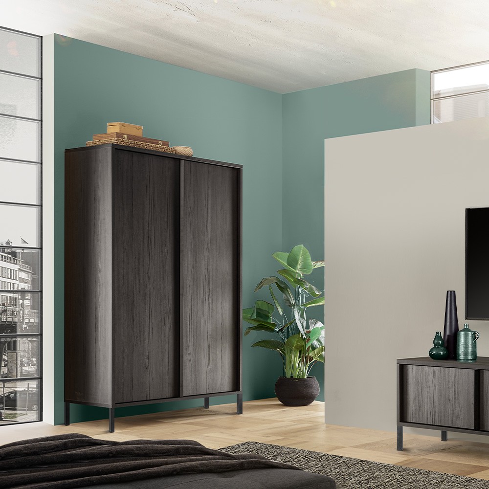 Crédence design moderne 2 portes 4 compartiments bois noir Bogarde Steel