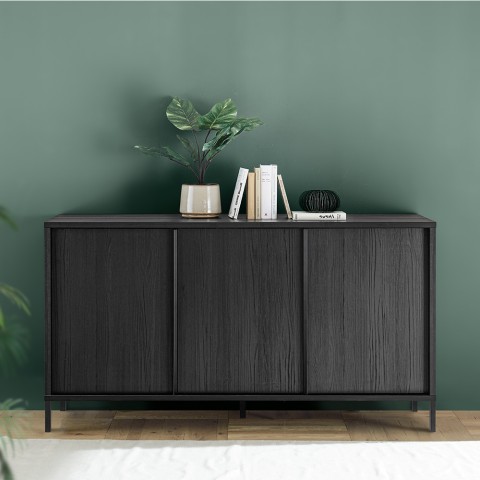 Buffet design moderne 3 portes 156cm en bois noir Cooper Steel Promotion