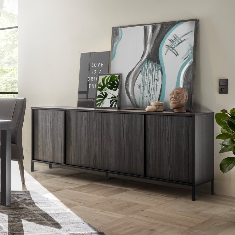 Buffet moderne cuisine salon en bois noir 4 portes 205cm Charly Steel Promotion