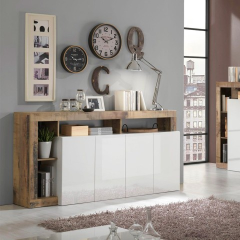 Buffet cuisine salon 4 portes blanc brillant bois 184 cm Cadiz BP Promotion