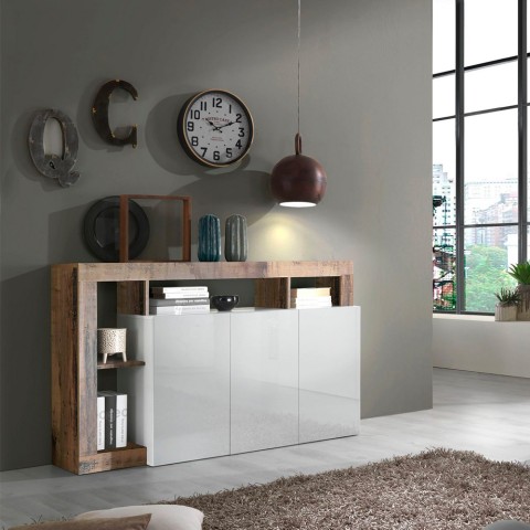 Buffet moderne en bois, 3 portes, blanc brillant, 146 cm Hailey BP Promotion