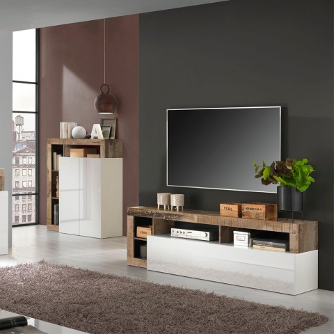Meuble TV bois abattant blanc brillant Dorian BP Promotion