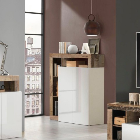 Buffet bas bois séjour 2 portes blanc brillant Blume BP Promotion