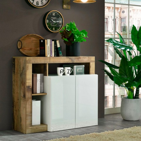 Buffet en bois 2 portes blanc brillant salon moderne Reva BP Promotion