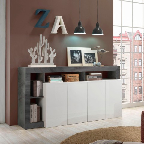 Buffet de salon design moderne 4 portes noir blanc brillant Cadiz BX Promotion