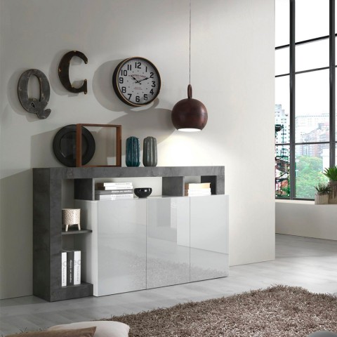 Buffet bas cuisine 3 portes blanc laqué moderne 146cm noir Hailey BX Promotion