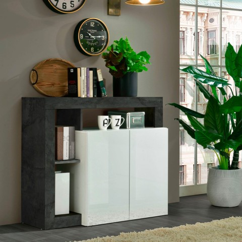 Buffet moderne blanc brillant 2 portes noir Reva BX Promotion
