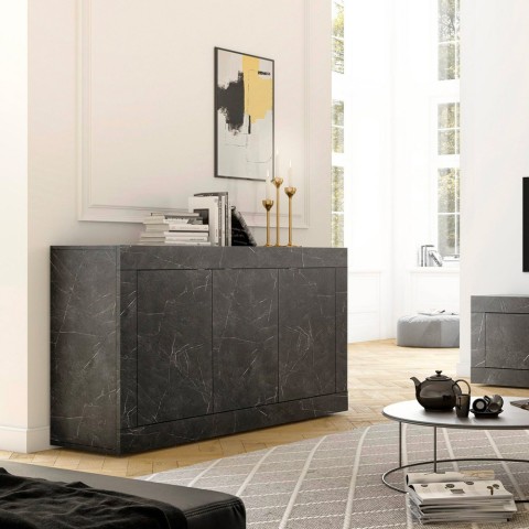 Crédence moderne meuble bas noir 3 portes 160cm effet marbre Modis MB Basic Promotion