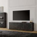 Meuble TV mobile moderne noir effet marbre 2 portes 2 tiroirs Visio MB. Remises