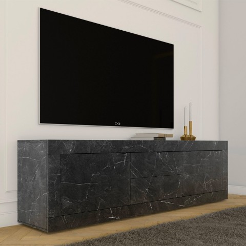 Meuble TV mobile moderne noir effet marbre 2 portes 2 tiroirs Visio MB. Promotion