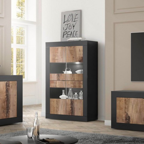 Vitrine de salon 4 portes en verre noir bois industriel Tina NP Basic Promotion
