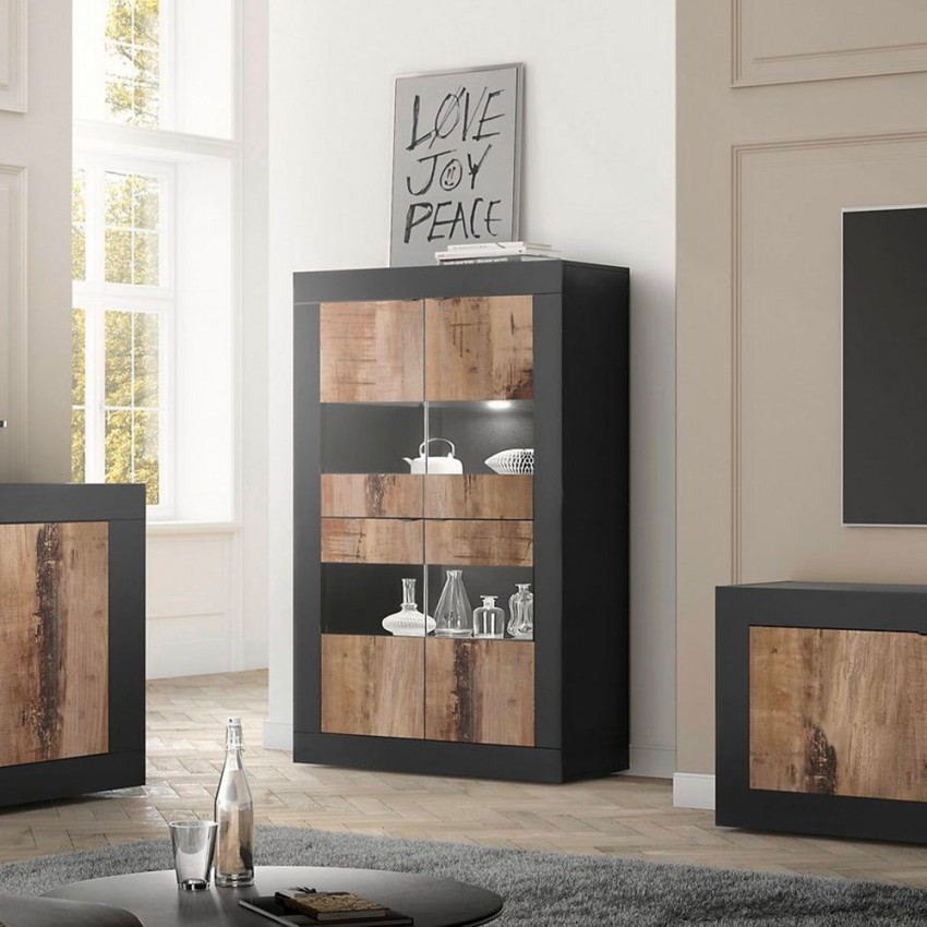 Vitrine de salon 4 portes en verre noir bois industriel Tina NP Basic Promotion Vitrine de salon 4 portes en verre noir bois industriel Tina NP Basic Promotion