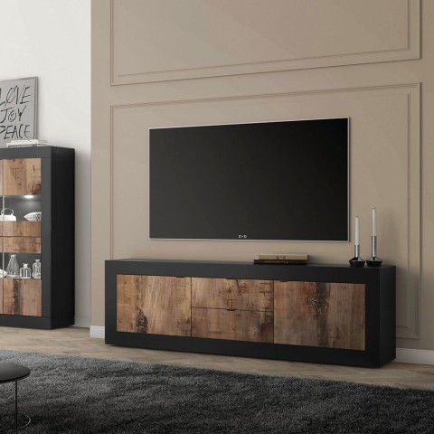 Meuble TV industriel 210cm, 2 portes, 2 tiroirs, bois noir Visio NP Promotion