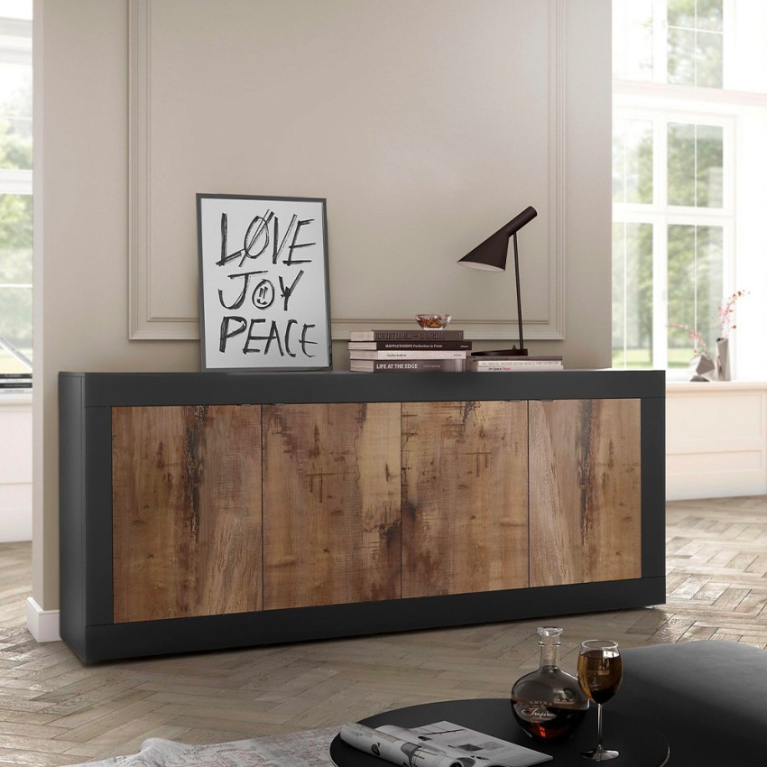 Buffet séjour cuisine 4 portes noir mat bois industriel Altea NP Promotion Buffet séjour cuisine 4 portes noir mat bois industriel Altea NP Promotion