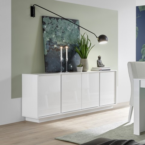 Buffet moderne salon blanc laqué brillant 4 portes 180cm Connie Ice Promotion