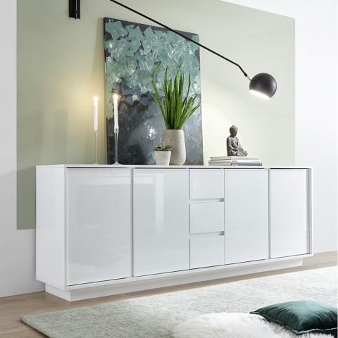 Buffet moderne 210cm 4 portes 3 tiroirs blanc brillant Maine Ice Promotion