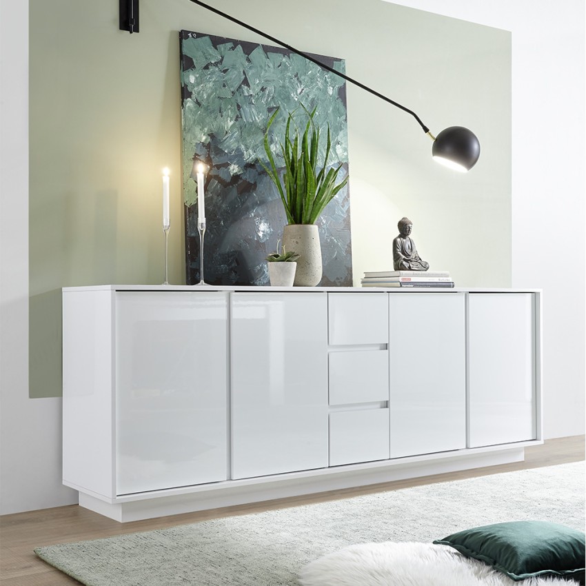 Buffet moderne 210cm 4 portes 3 tiroirs blanc brillant Maine Ice Promotion